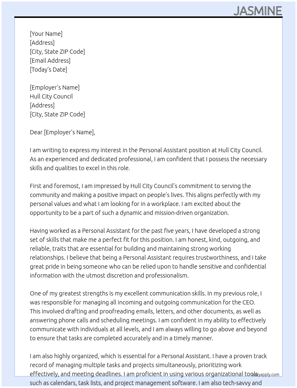 Personal Assistant At Hull City Council Cover Letter