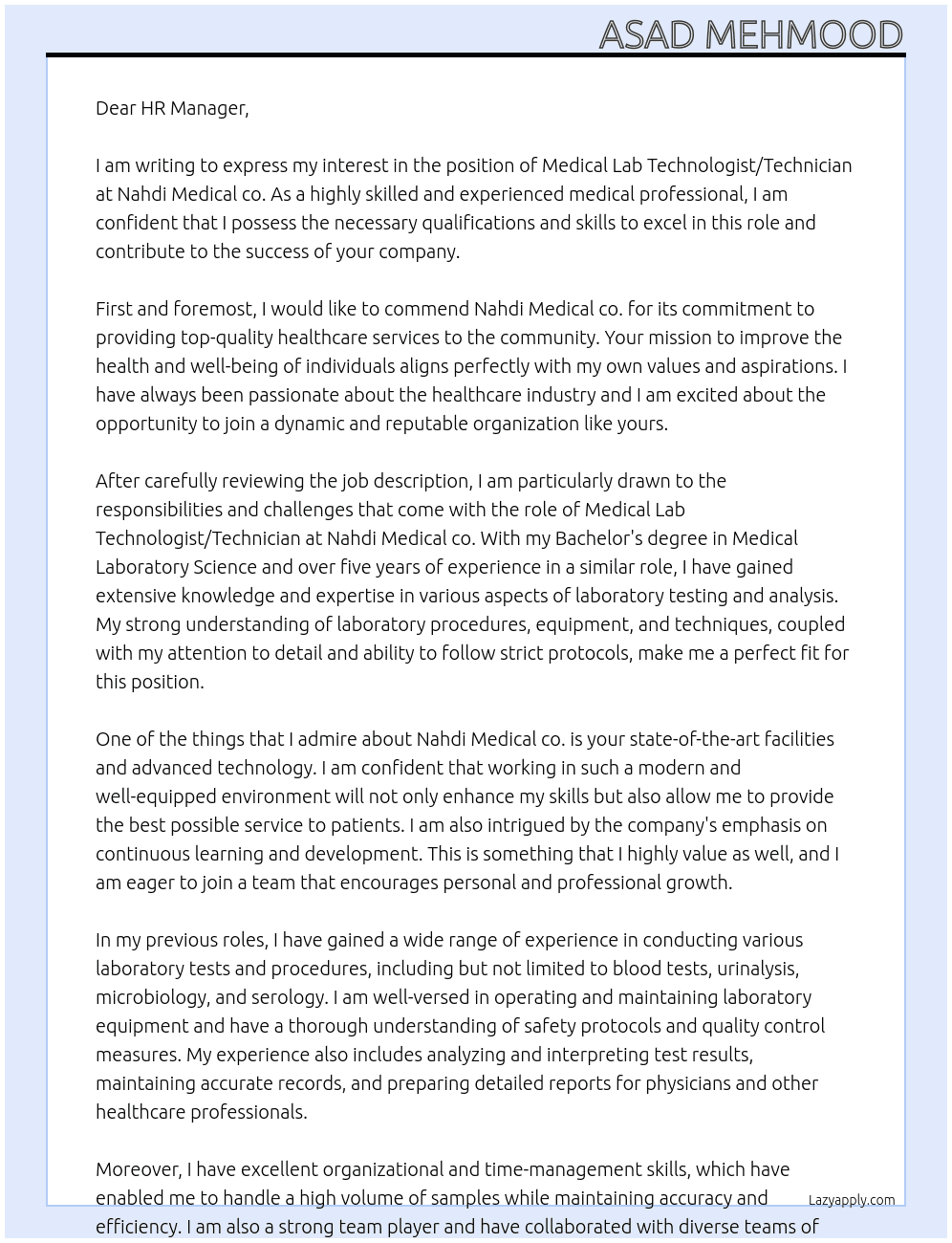 Medical Lab Technologist/Technician  At Nahdi Medical co. Cover Letter