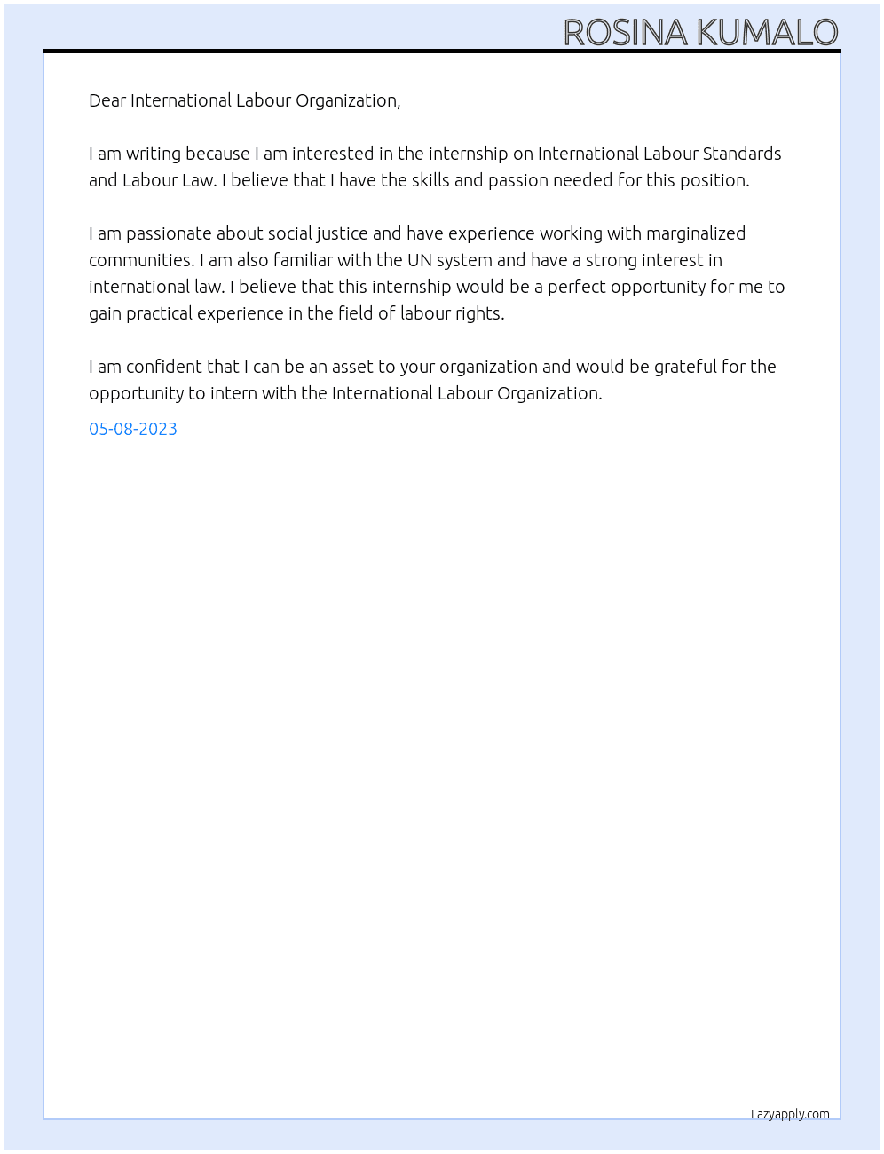 Internship on International Labour Standards and Labour Law At International Labour Organization Cover Letter