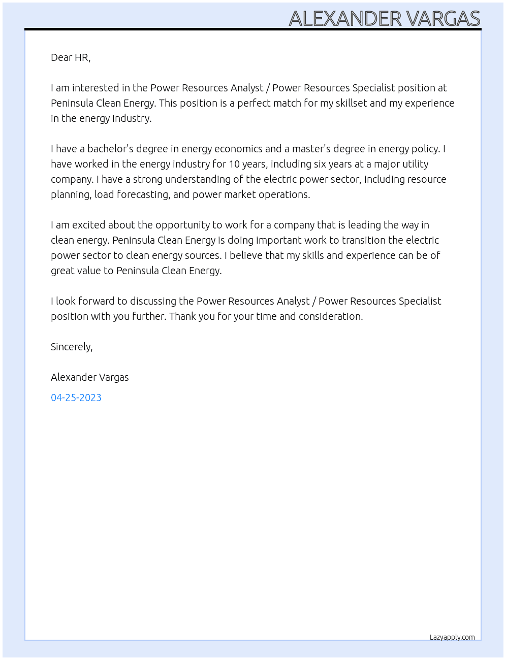  Power Resources Analyst / Power Resources Specialist At Peninsula Clean Energy Cover Letter