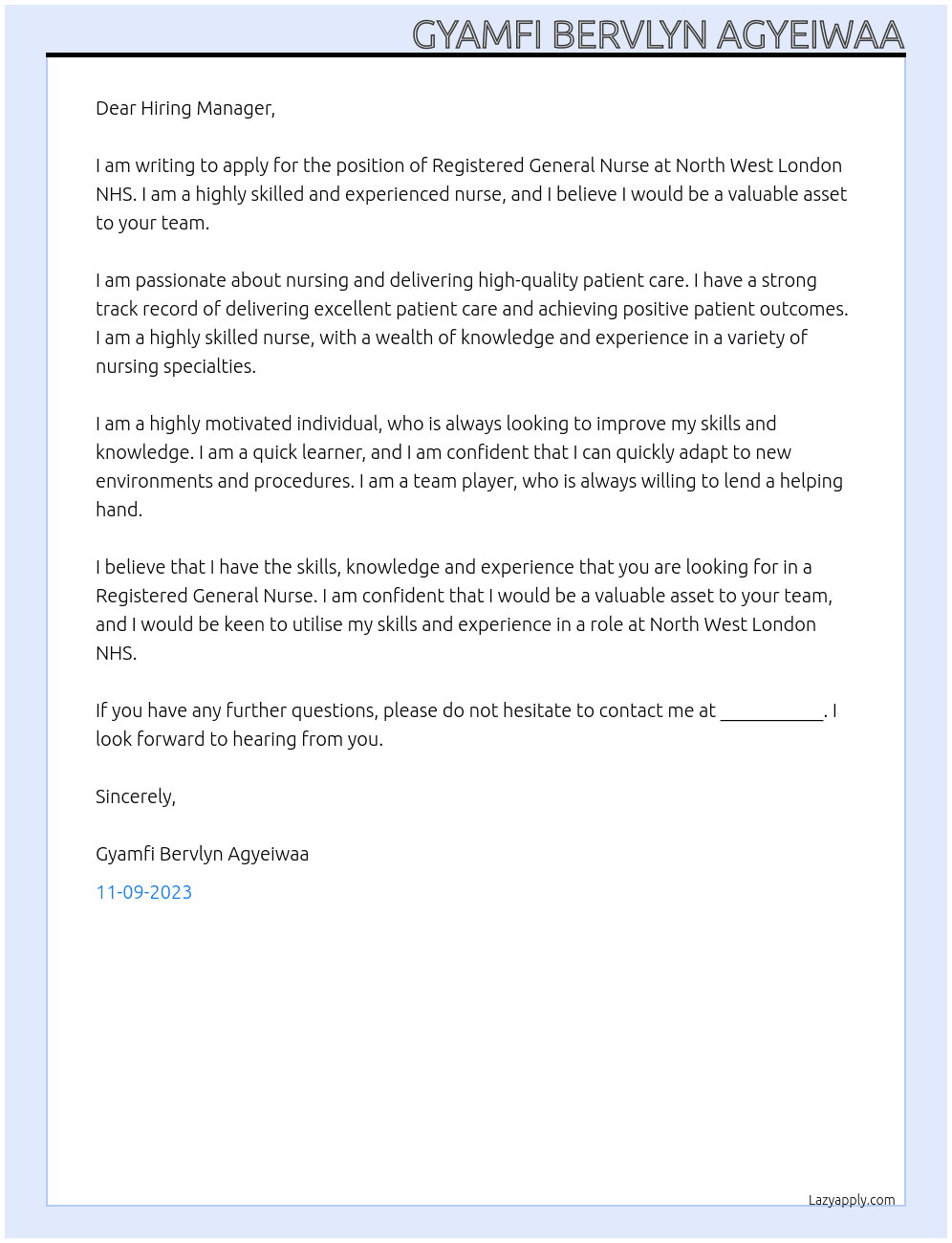 Registered General Nurse At North West London NHS Cover Letter