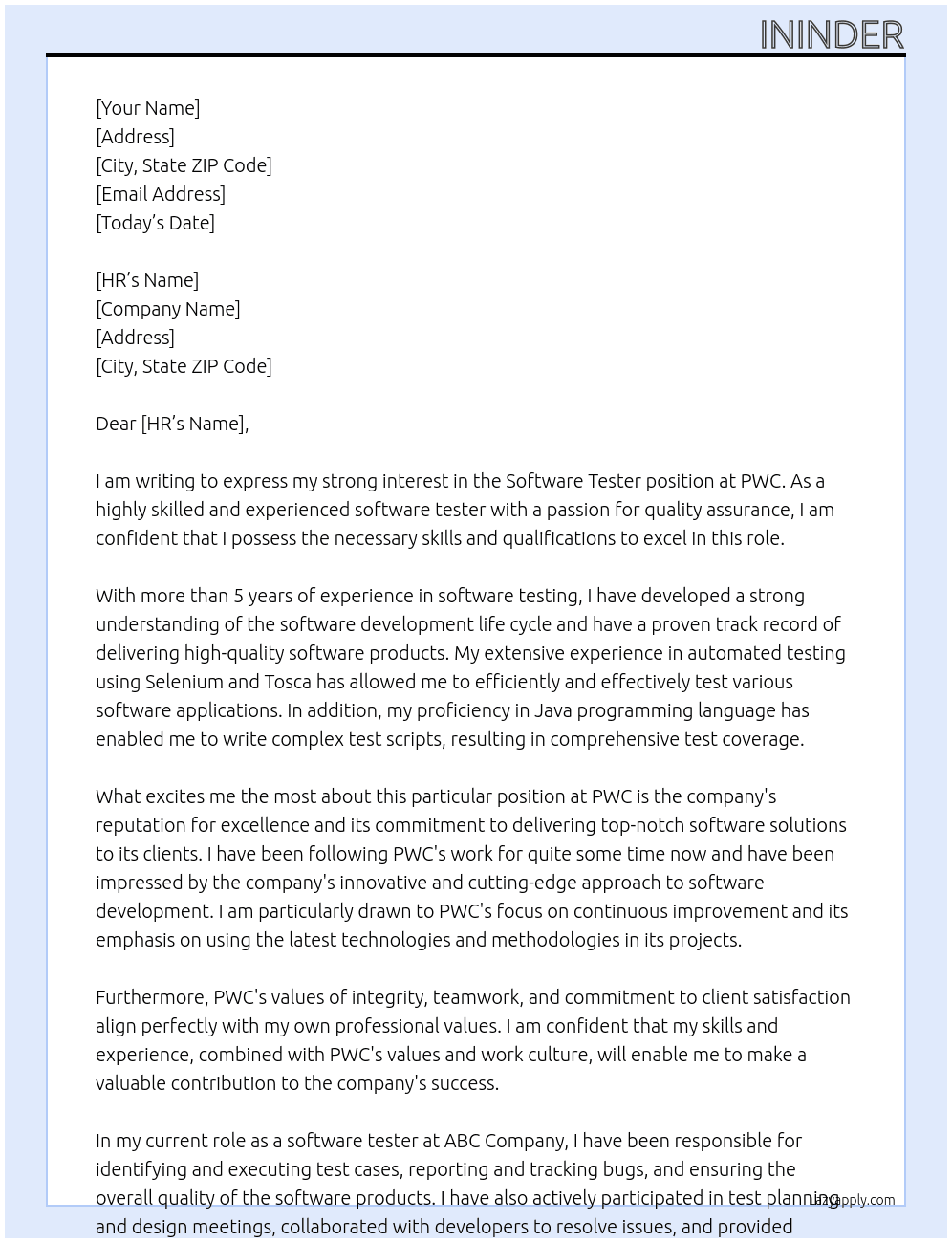 Software Tester At PWC Cover Letter