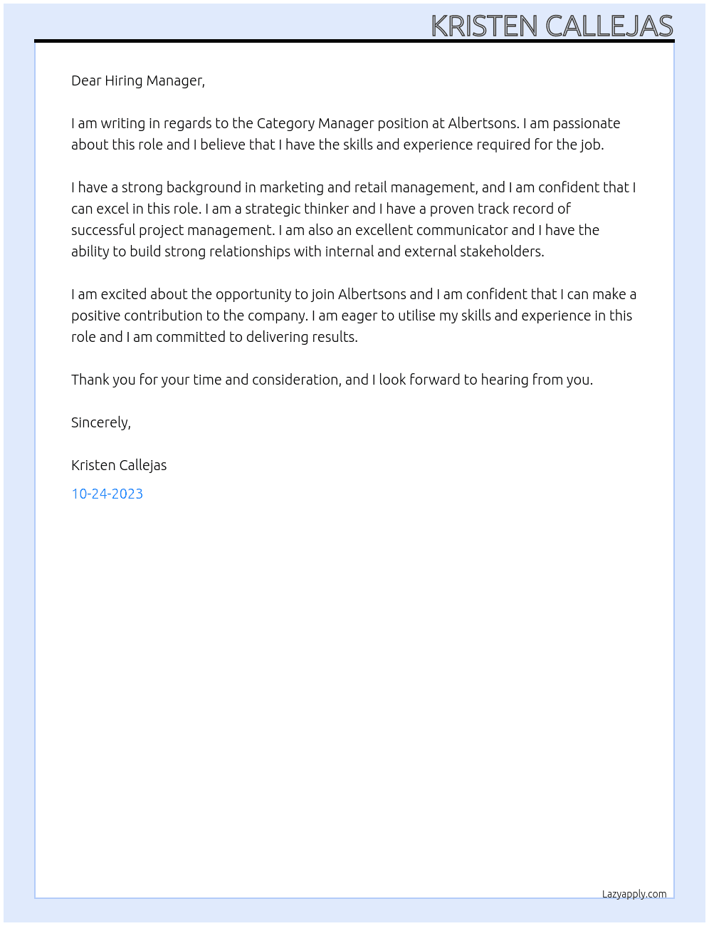 Category Manager At Albertsons Cover Letter