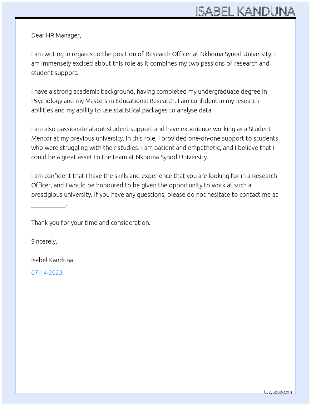 Research Officer  At Nkhoma Synod University  Cover Letter