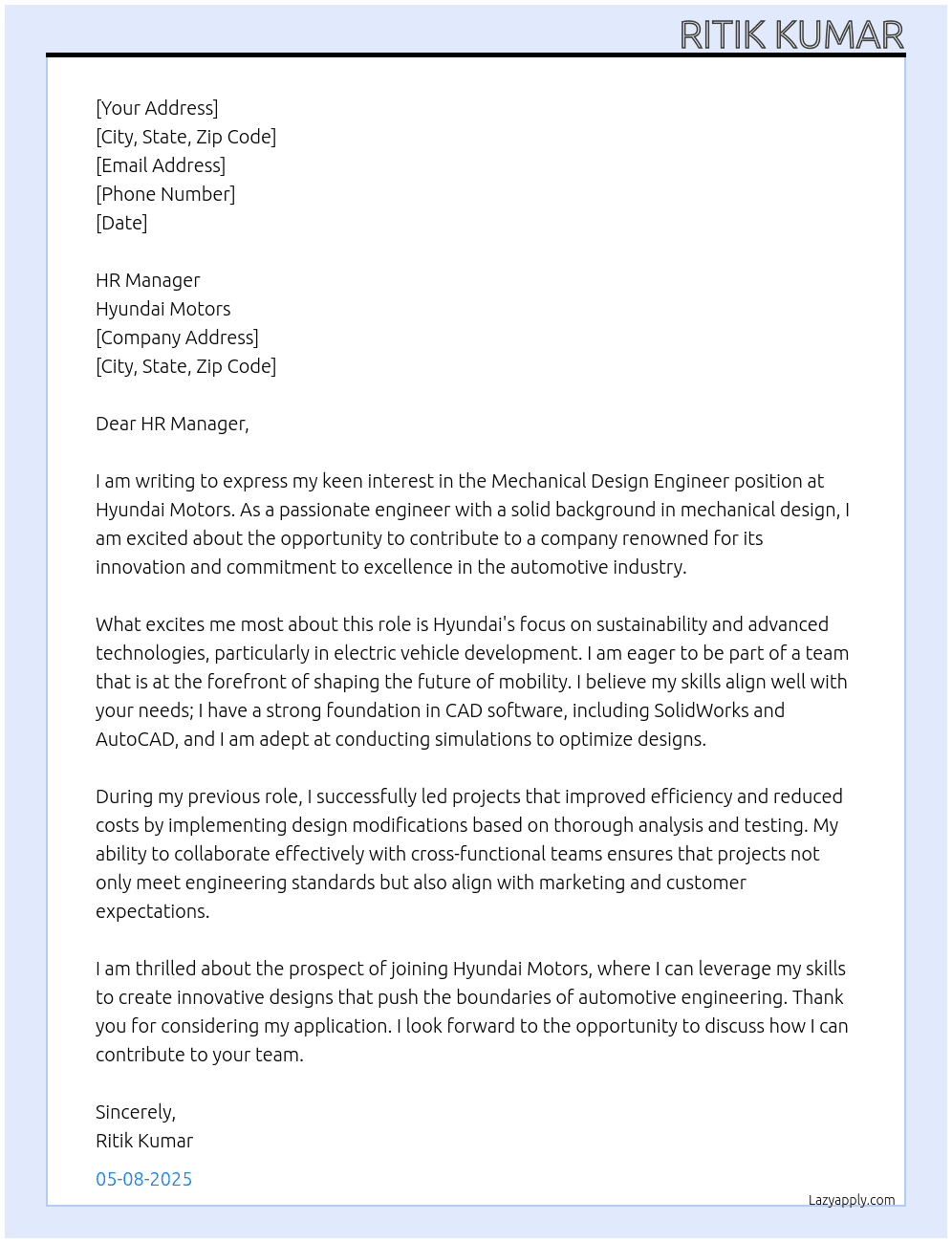 Mechanical Design Engineer At Hyundai motors Cover Letter