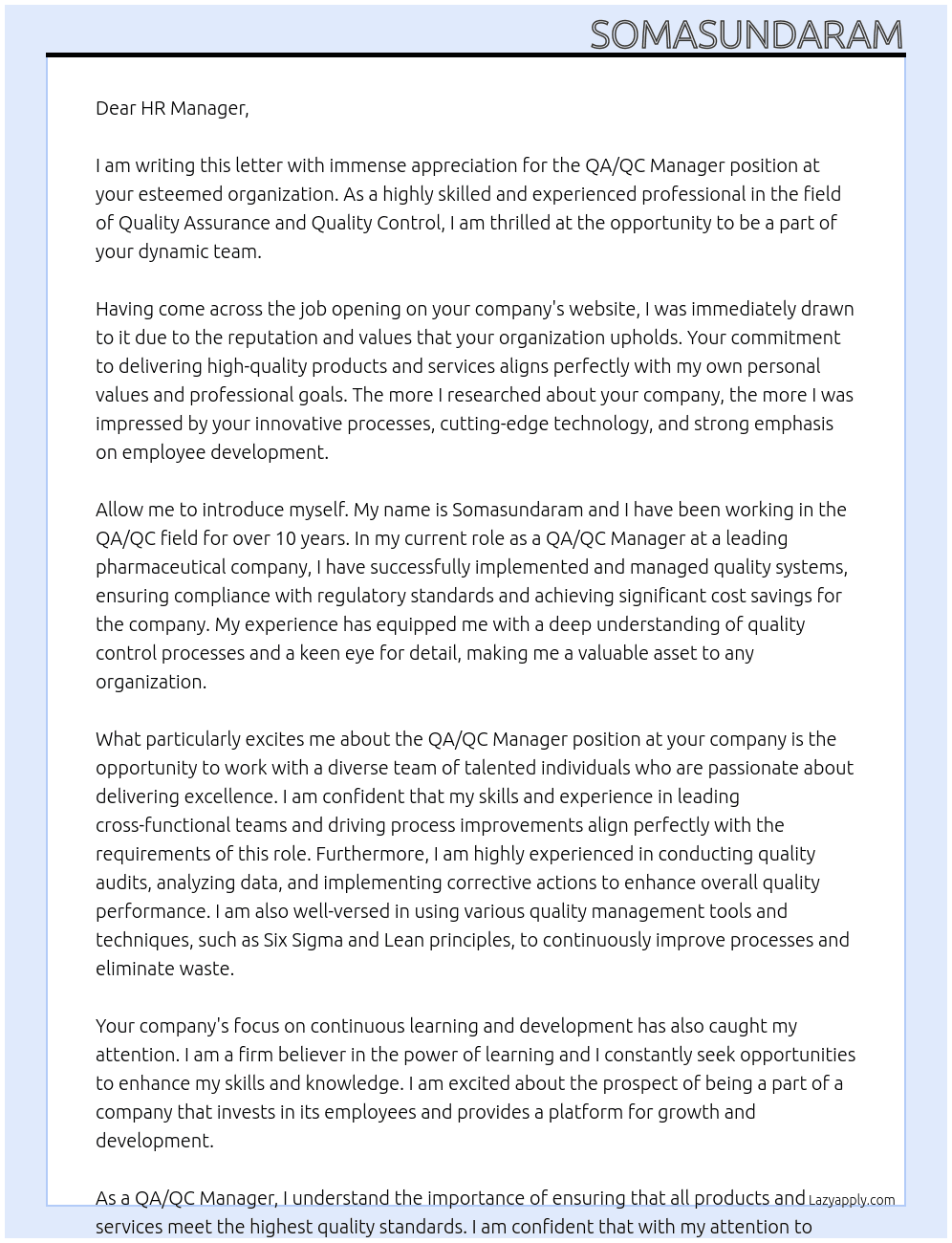 QA/QC Manager At To whomever it may concern Cover Letter
