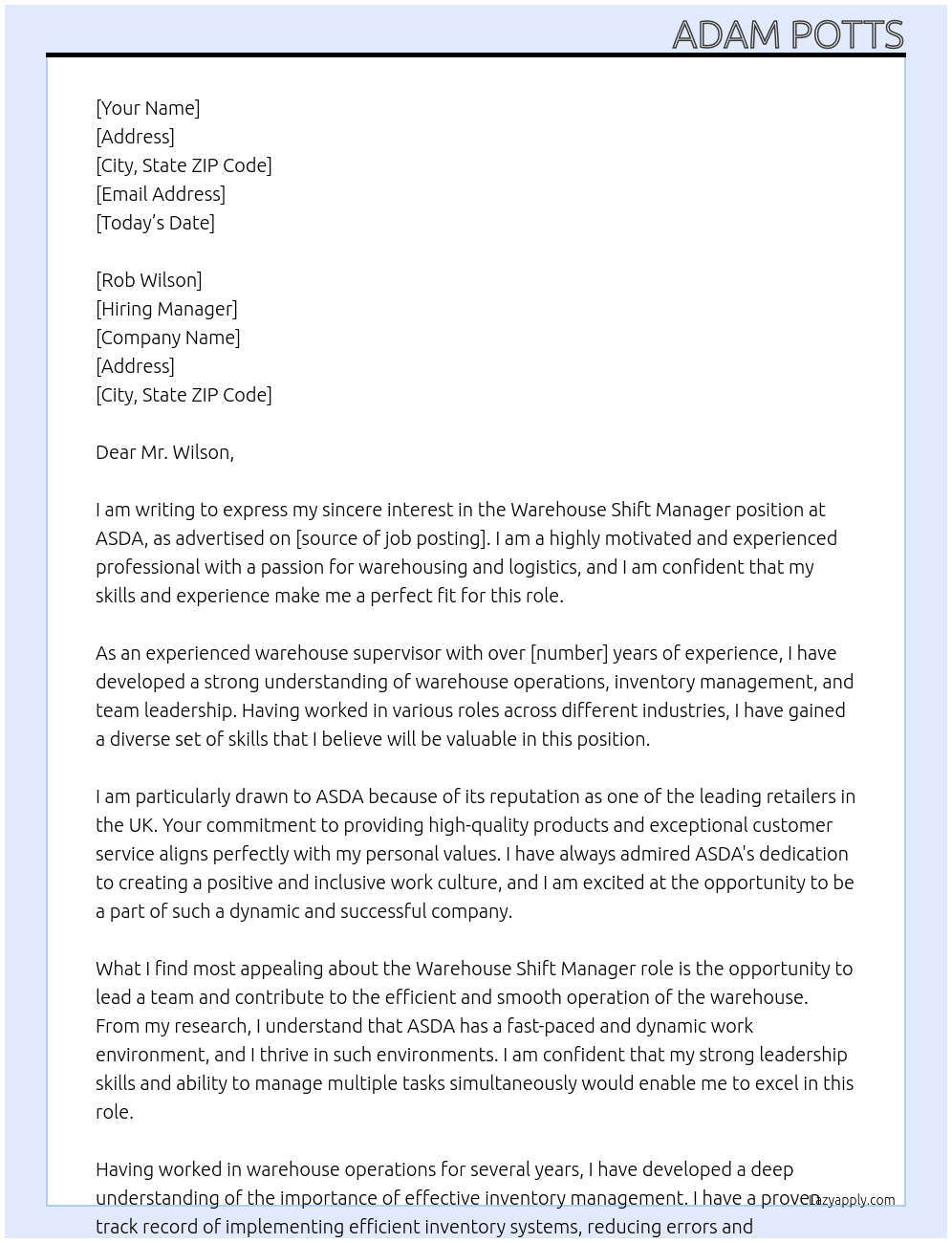 Warehouse shift manager At ASDA Cover Letter