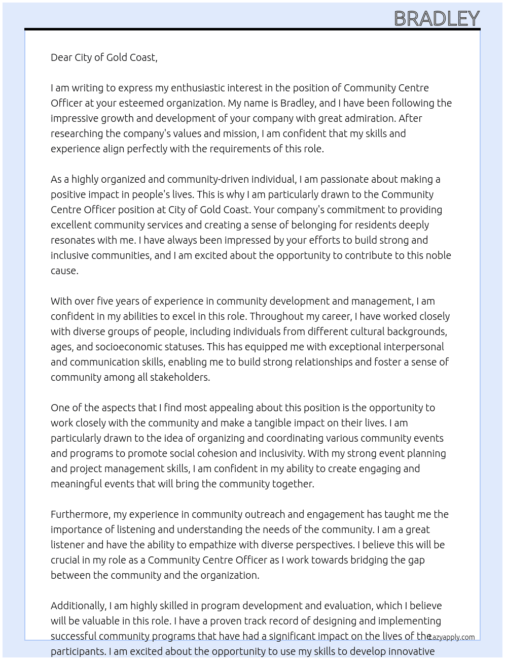 Community Centre Officer At City of Gold Coast Cover Letter