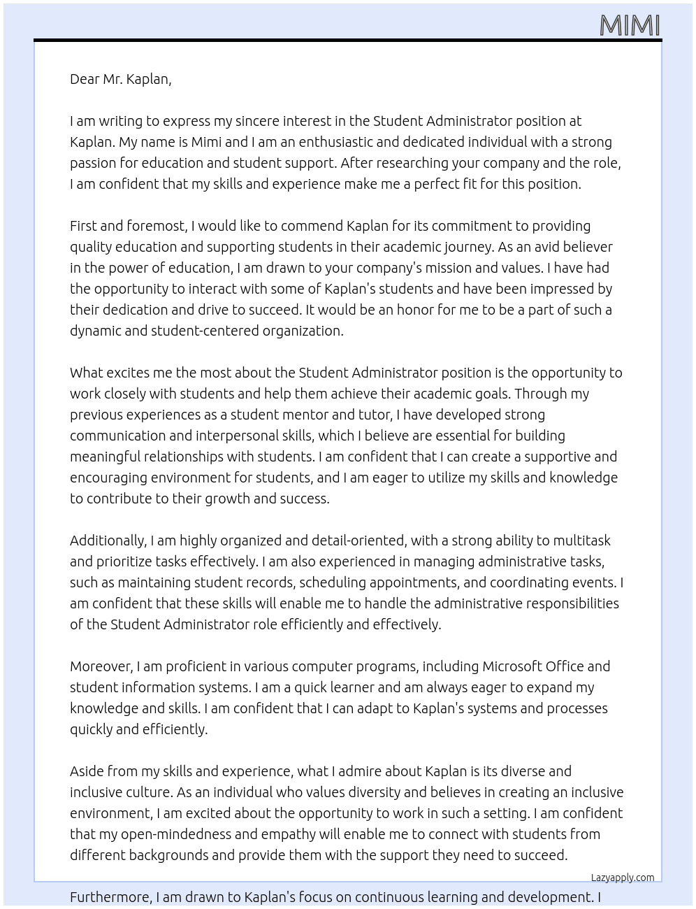 Student Administrator At Kaplan Cover Letter
