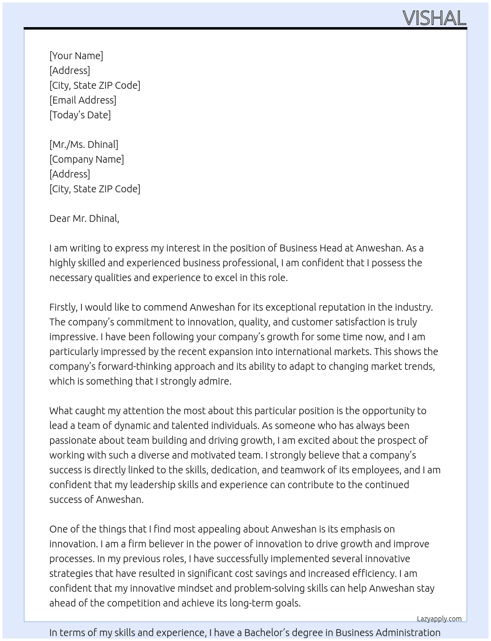 Business Head At Anweshan Cover Letter