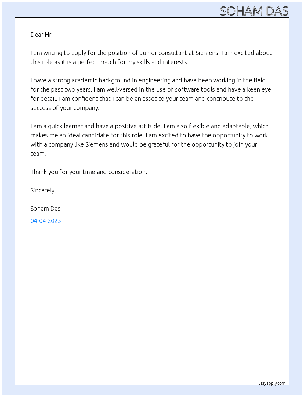 Junior consultant  At Siemens  Cover Letter