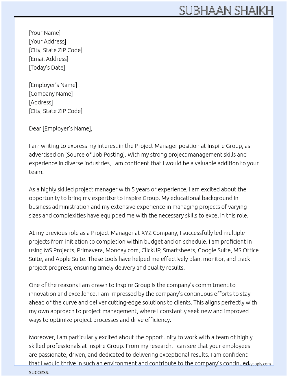 Project Manager At Inspire Group Cover Letter