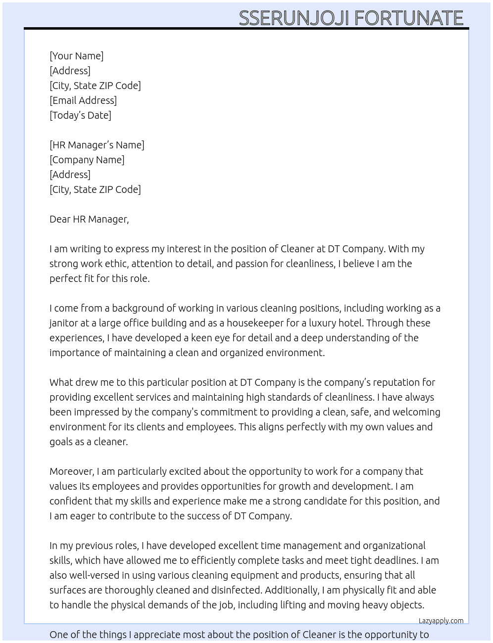 Cleaner At DT Company Cover Letter