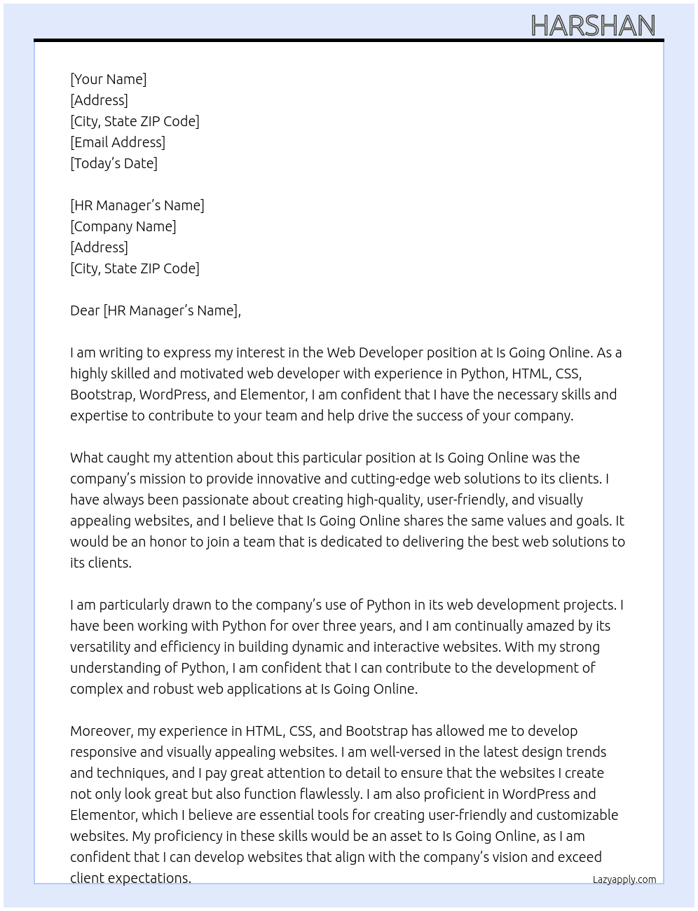 web developer At Is Going online  Cover Letter