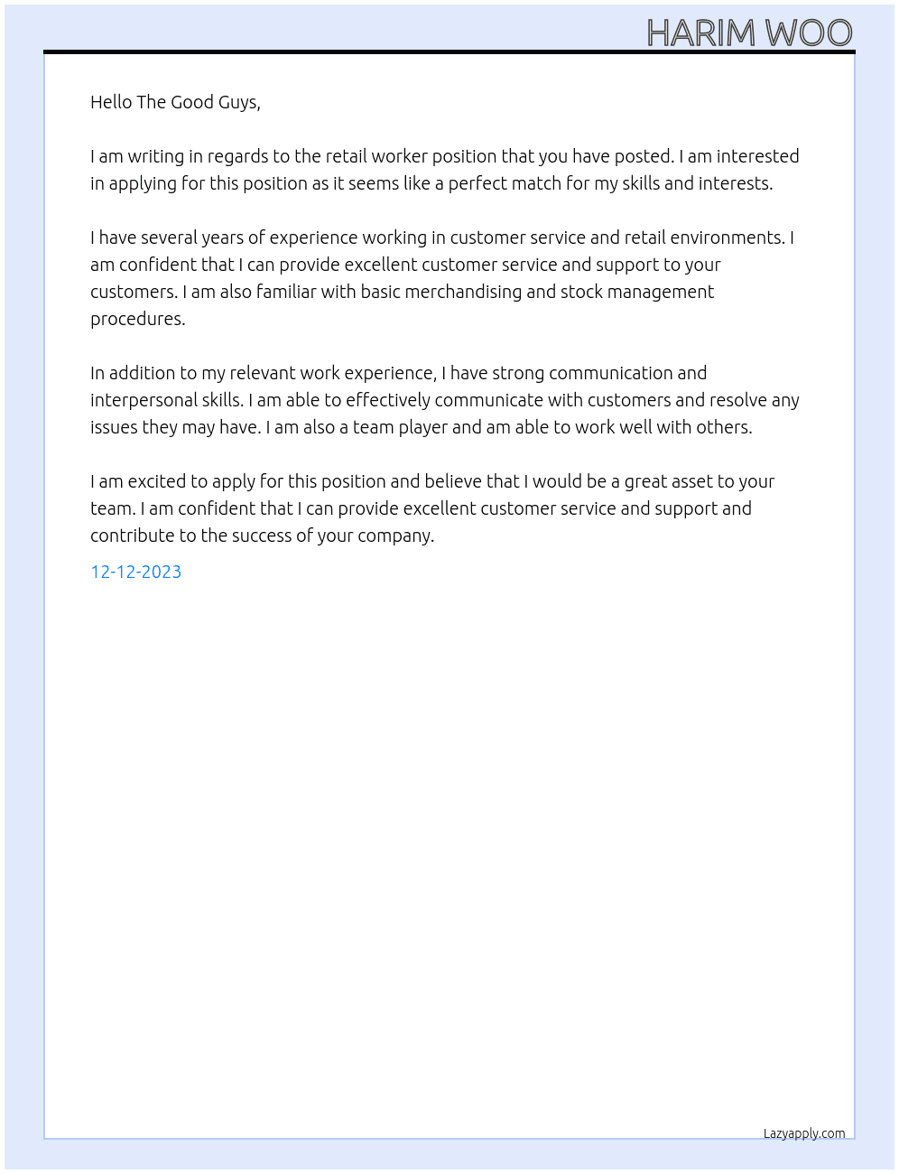 Retail worker At The Good Guys Cover Letter