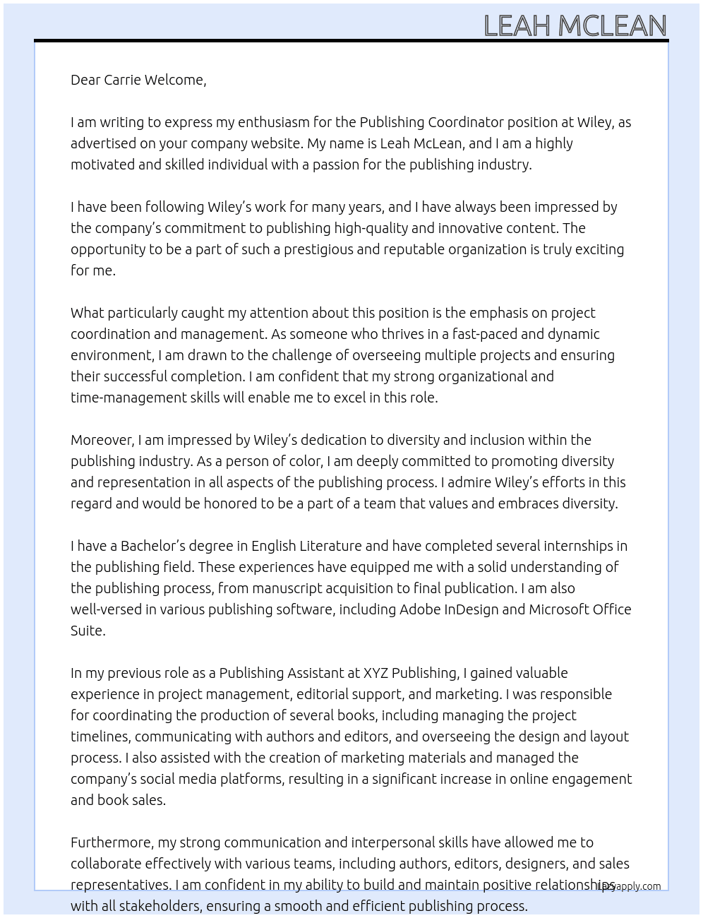Publishing Coordinator At Wiley Cover Letter
