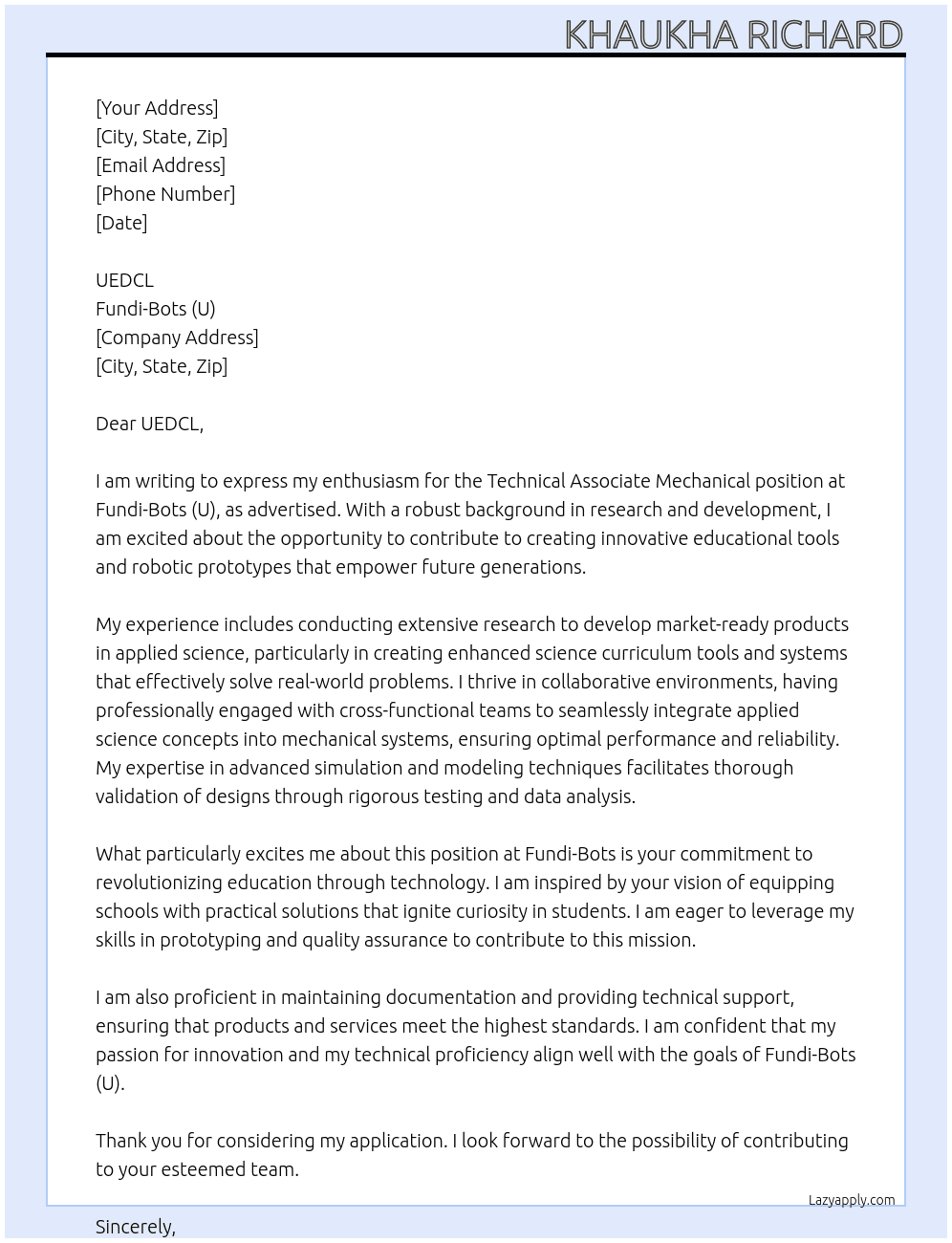 Cover letter for technical associate mechanical - LazyApply