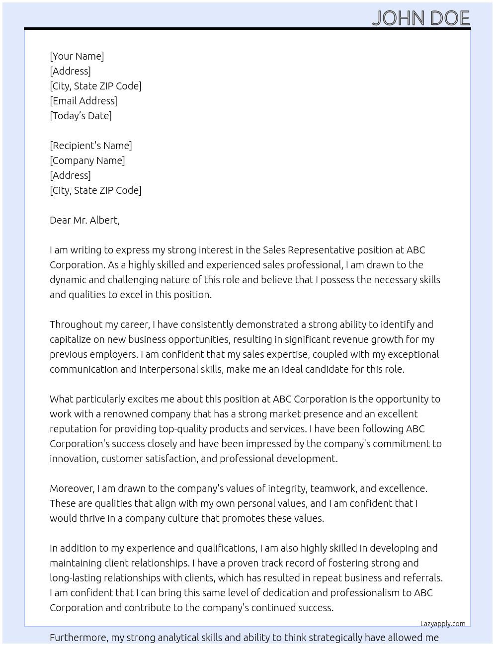 Sales Representative At ABC Corporation Cover Letter