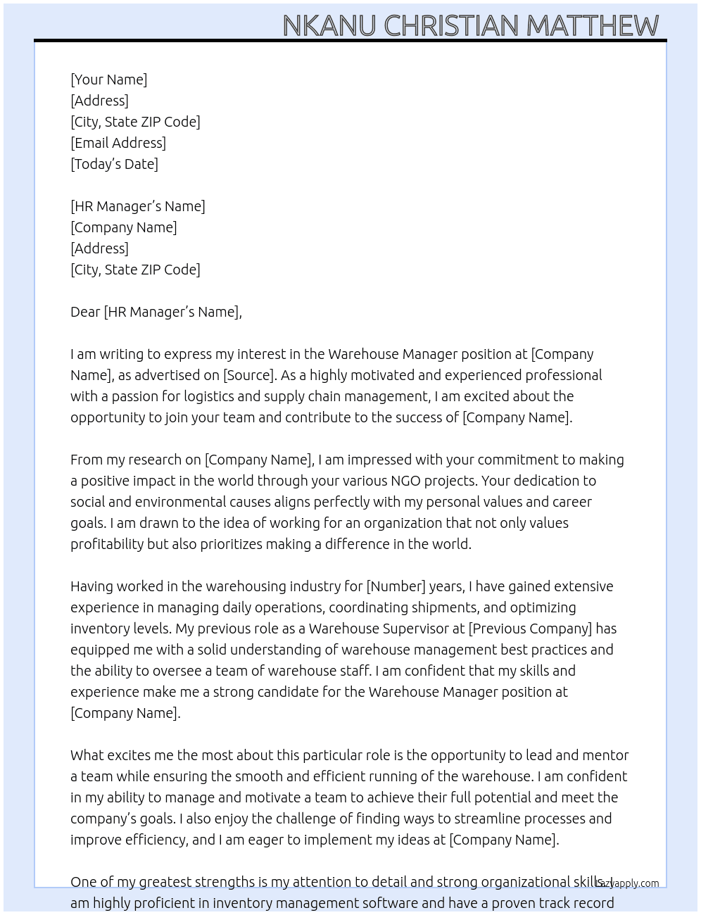 Warehouse manenger  At NGOs Cover Letter