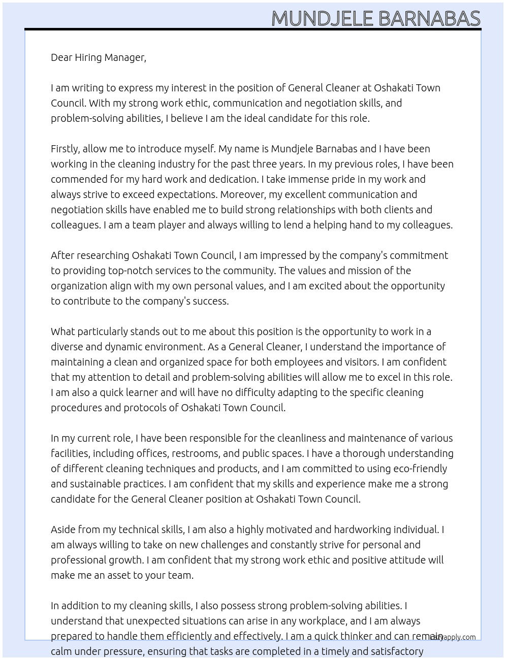 General Cleaner At oshakati town council Cover Letter