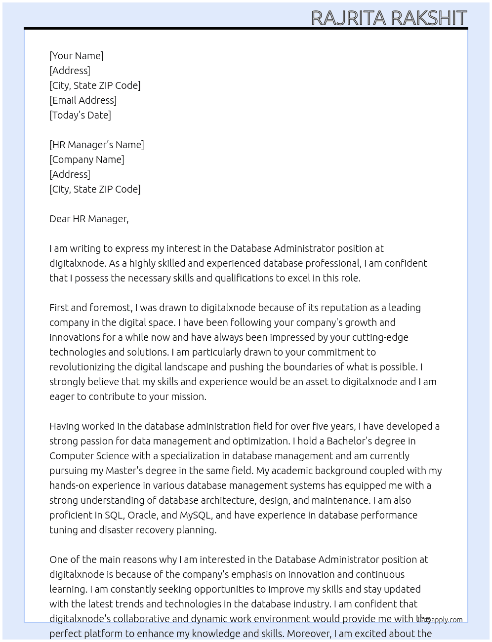 Database Administrator At digitalxnode Cover Letter