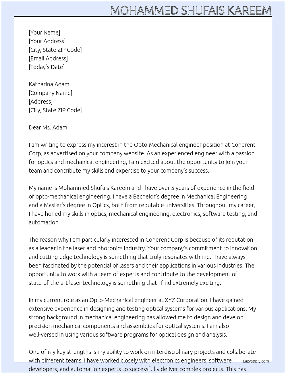 Opto-Mechanical engineer At Coherent Corp Cover Letter