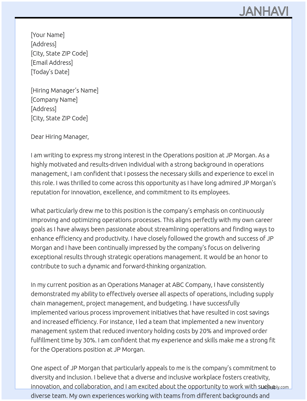 Operations  At JP Morgan Cover Letter