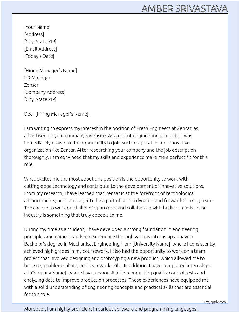 Fresh Engineers At Zensar Cover Letter