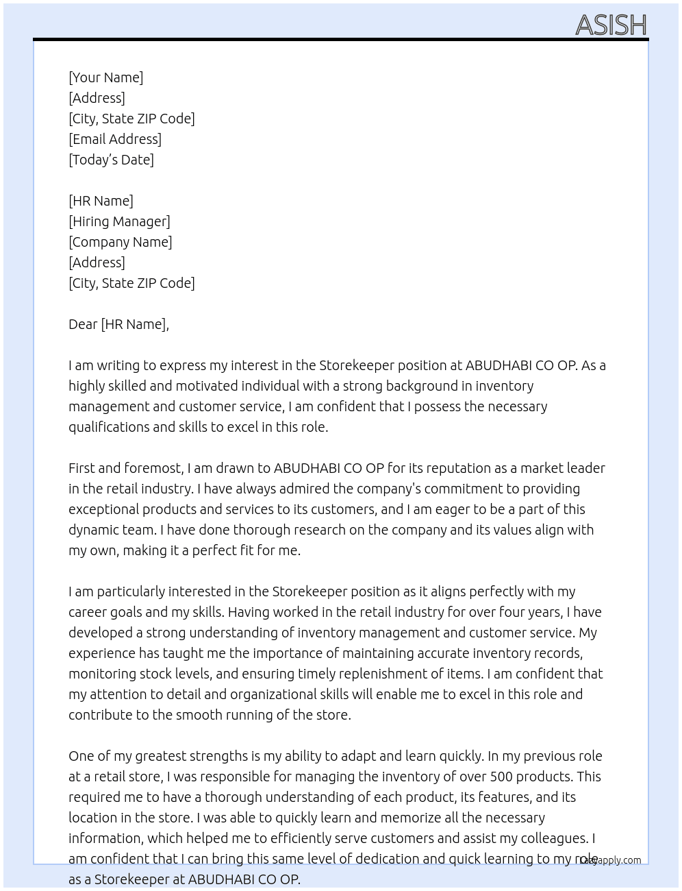 storekeeper At ABUDHABI CO OP Cover Letter