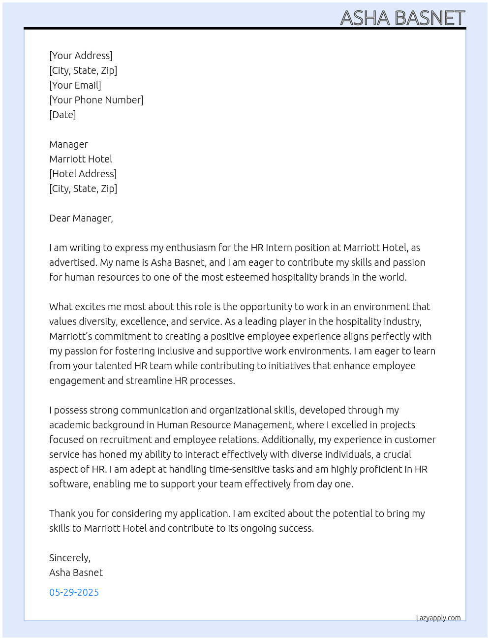 HR Intern At Marriott Hotel Cover Letter