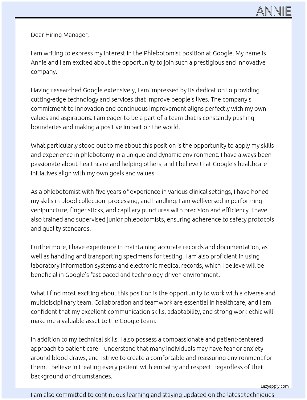 Phlebotomist  At Google Cover Letter
