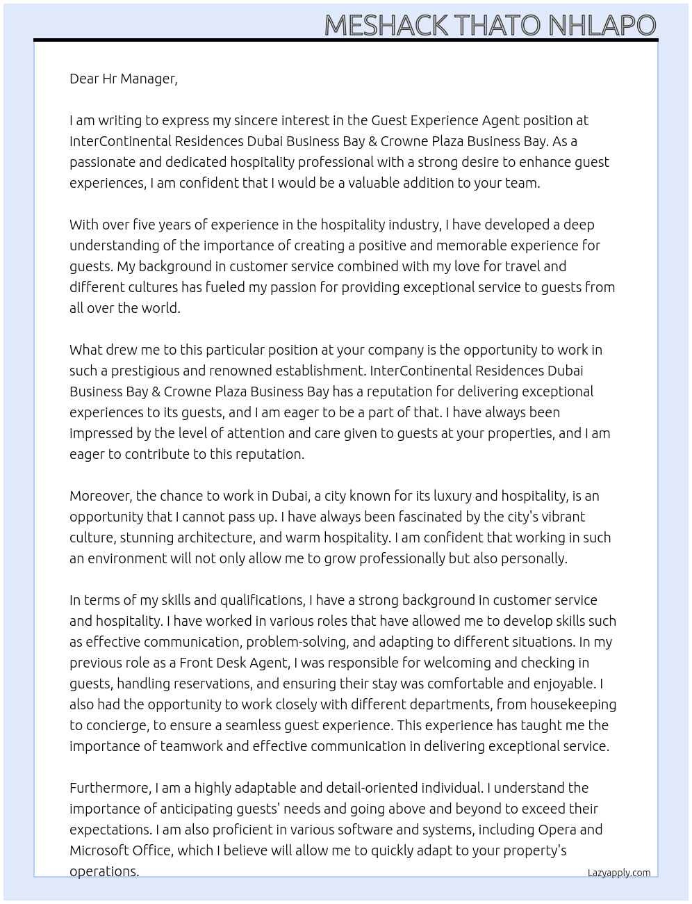 Guest Experience Agent At InterContinental Residences Dubai Business Bay & Crowne Plaza Business Bay Cover Letter