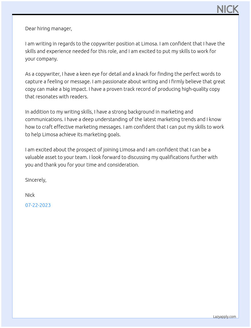 copy writer At Limosa Cover Letter