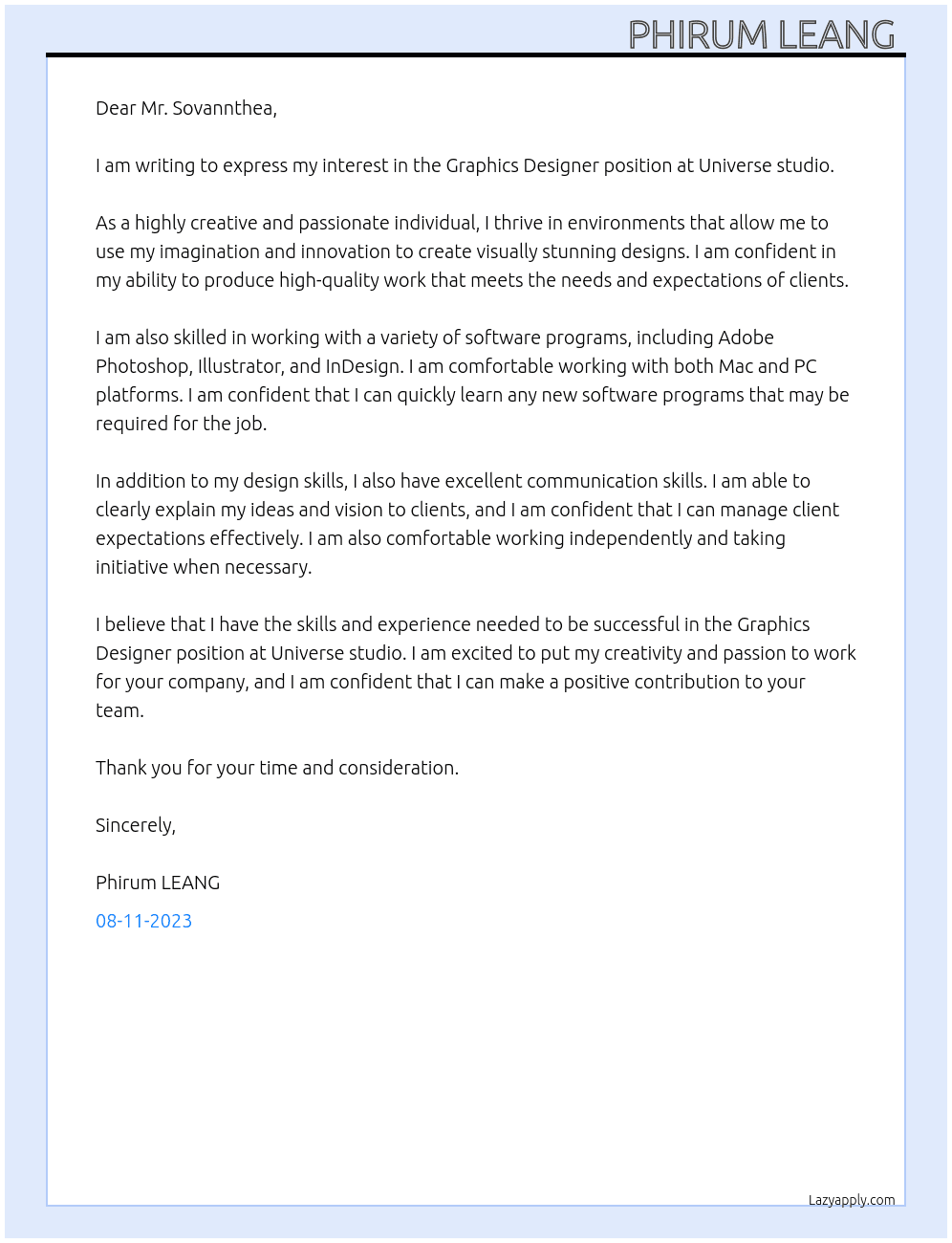 Graphics design At Universe studio  Cover Letter