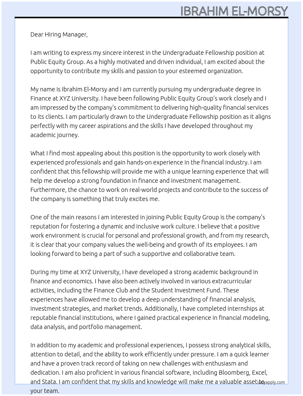 Undergraduate Fellowship At Public Equity Group Cover Letter
