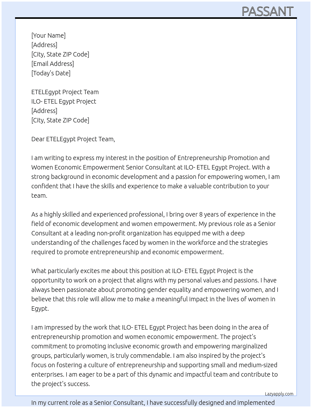 Entrepreneurship Promotion and Women Economic Empowerment Senior Consultant At ILO- ETEL Egypt Project Cover Letter