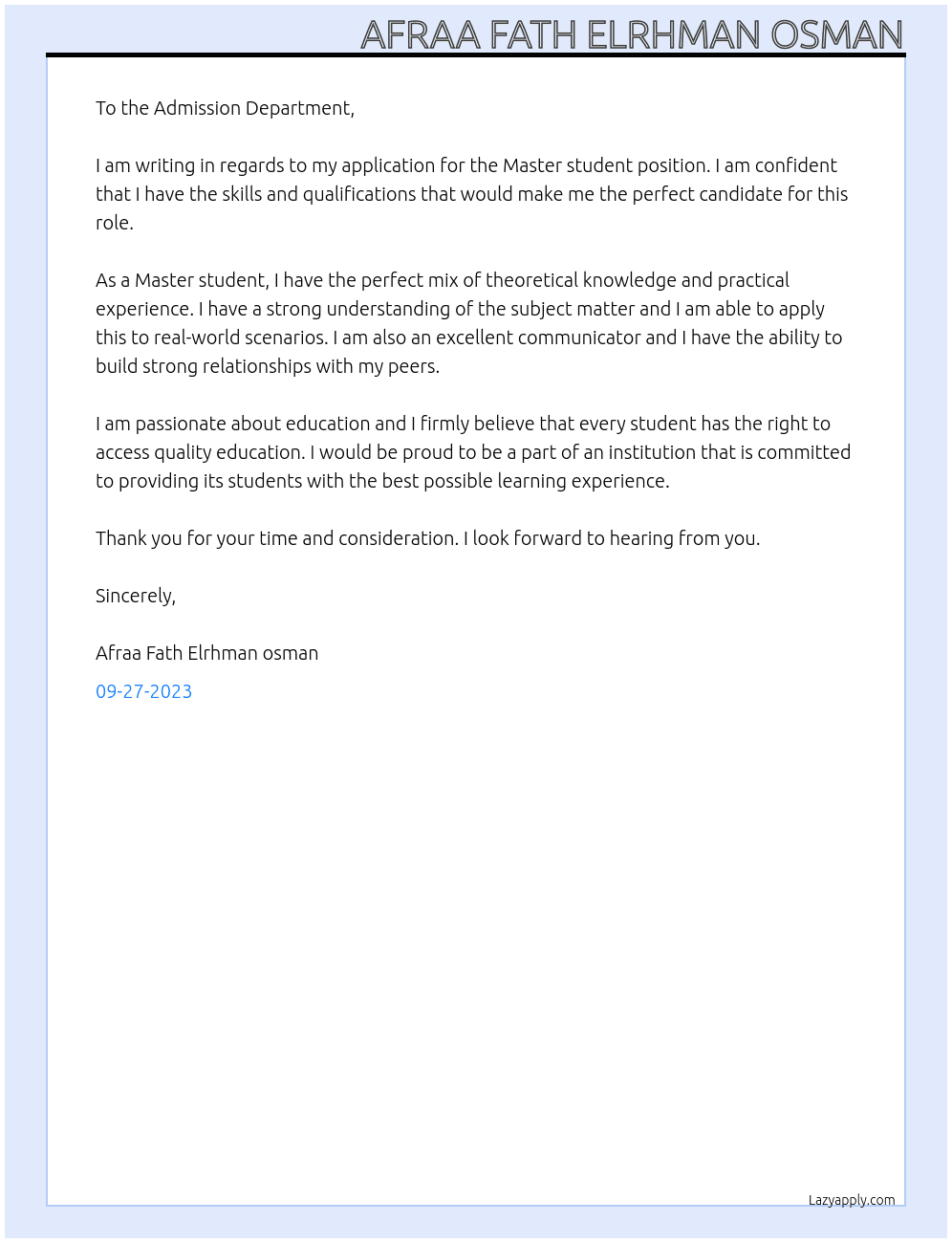 Master student At University of Sebelas Maret Cover Letter