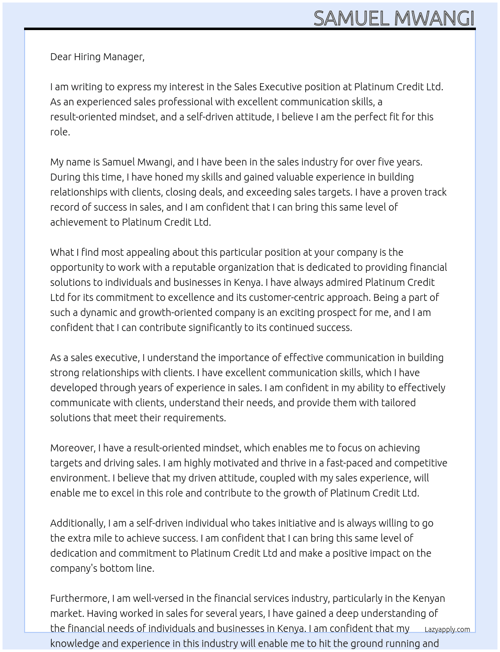 Sales executive At Platinum Credit Ltd Cover Letter