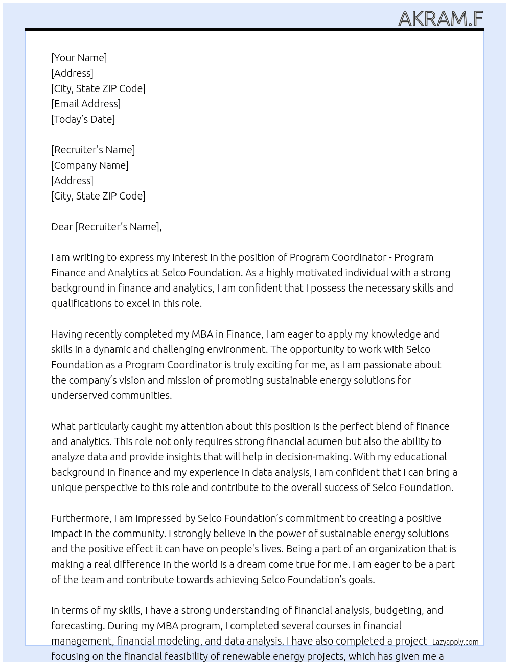 Program coordinator-Program Finance and Analytics l At Selco Foundation Cover Letter
