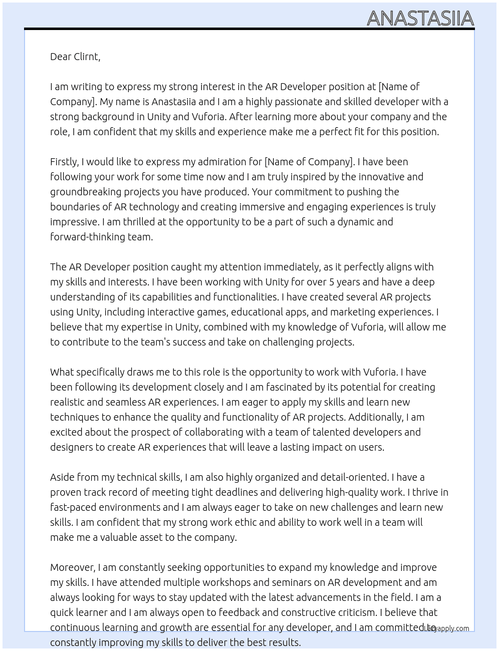 AR developer At idk Cover Letter