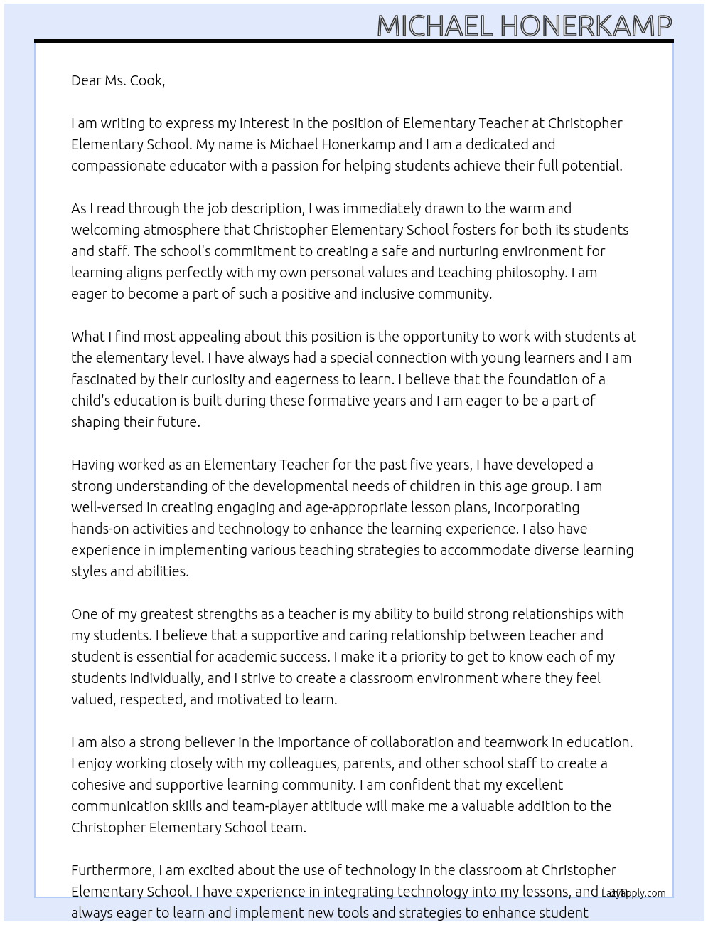 Elementary Teacher At Christopher Elementary School Cover Letter