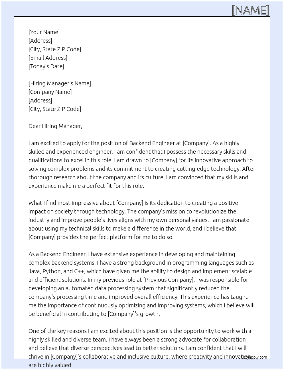 Backend Engineer At [Company] Cover Letter