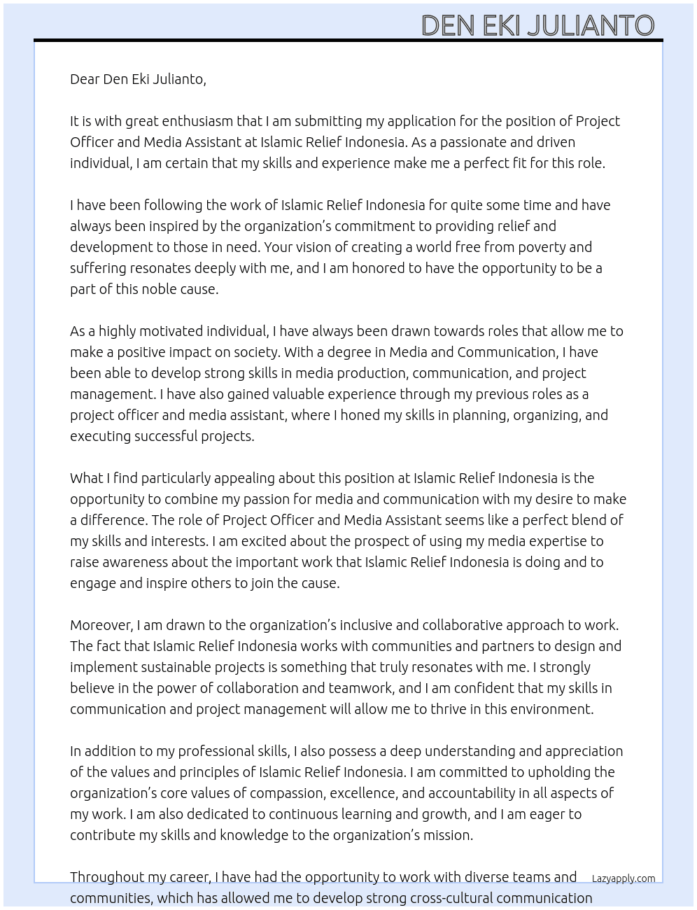 Project Officer and Media Assistant At Islamic Relief Indonesia Cover Letter