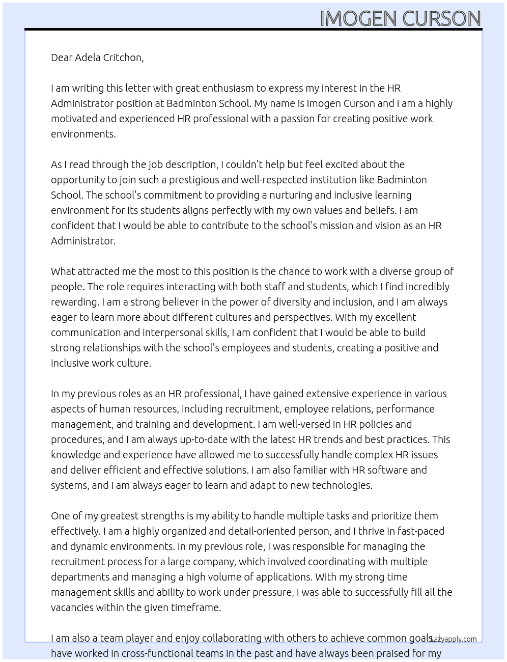 HR Administator At Badminton School Cover Letter