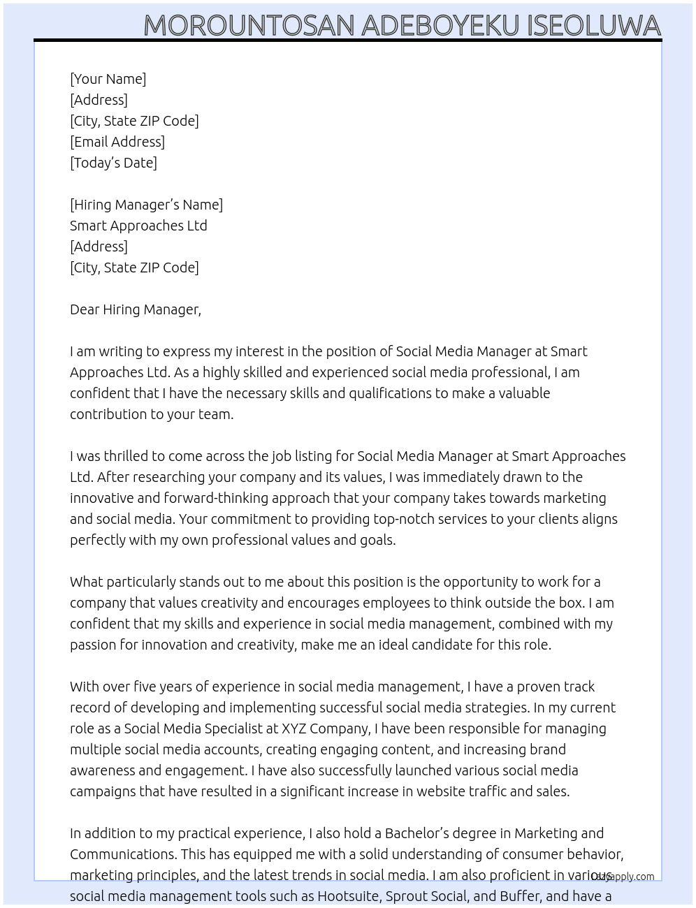 Social Media Manager At Smart Approaches Ltd Cover Letter