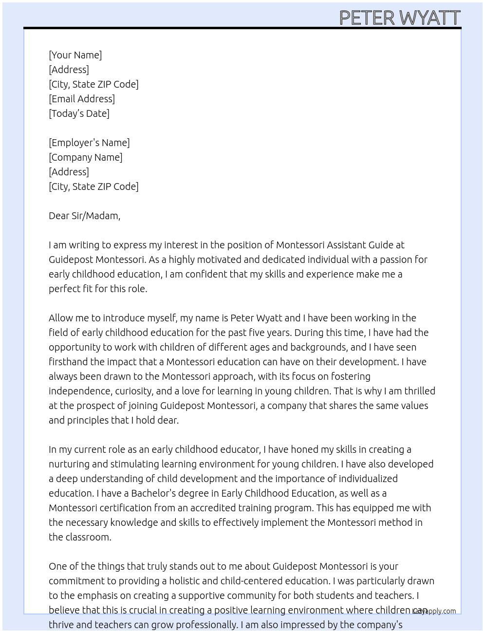 Montessori Assistant Guide At Guidepost Montessori Cover Letter