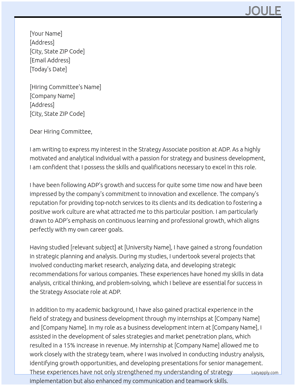 Strategy Associate At ADP Cover Letter