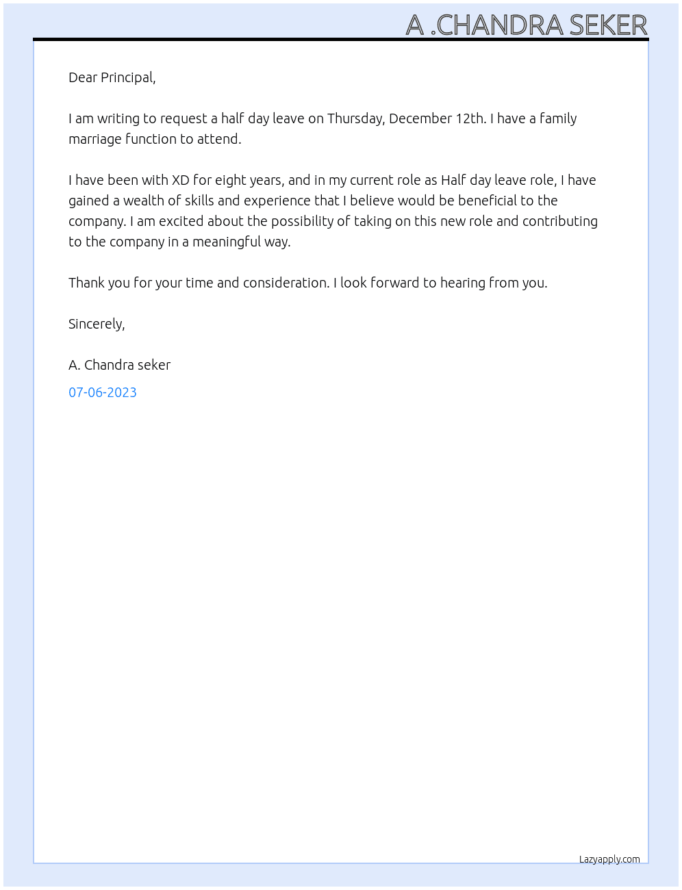 Half day leave  At XD Cover Letter