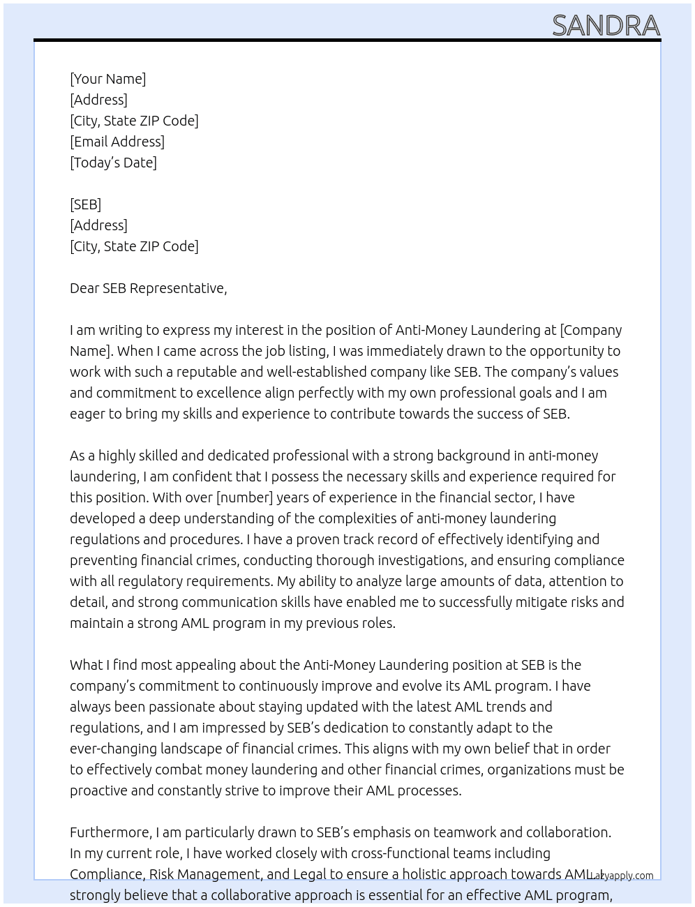 Anti money laundering  At SEB Cover Letter