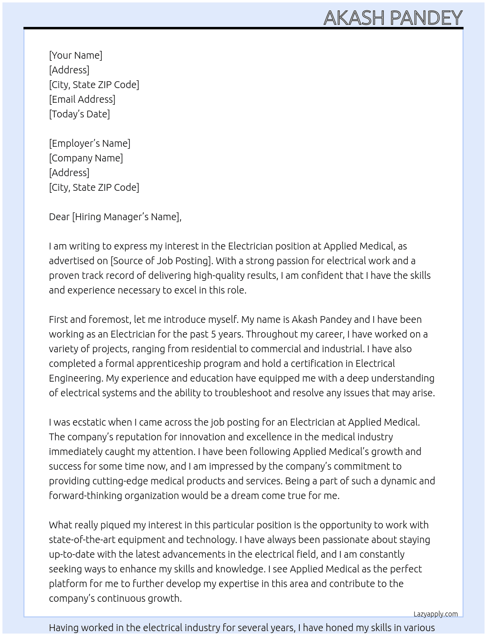 Electrician  At Applied medical Cover Letter
